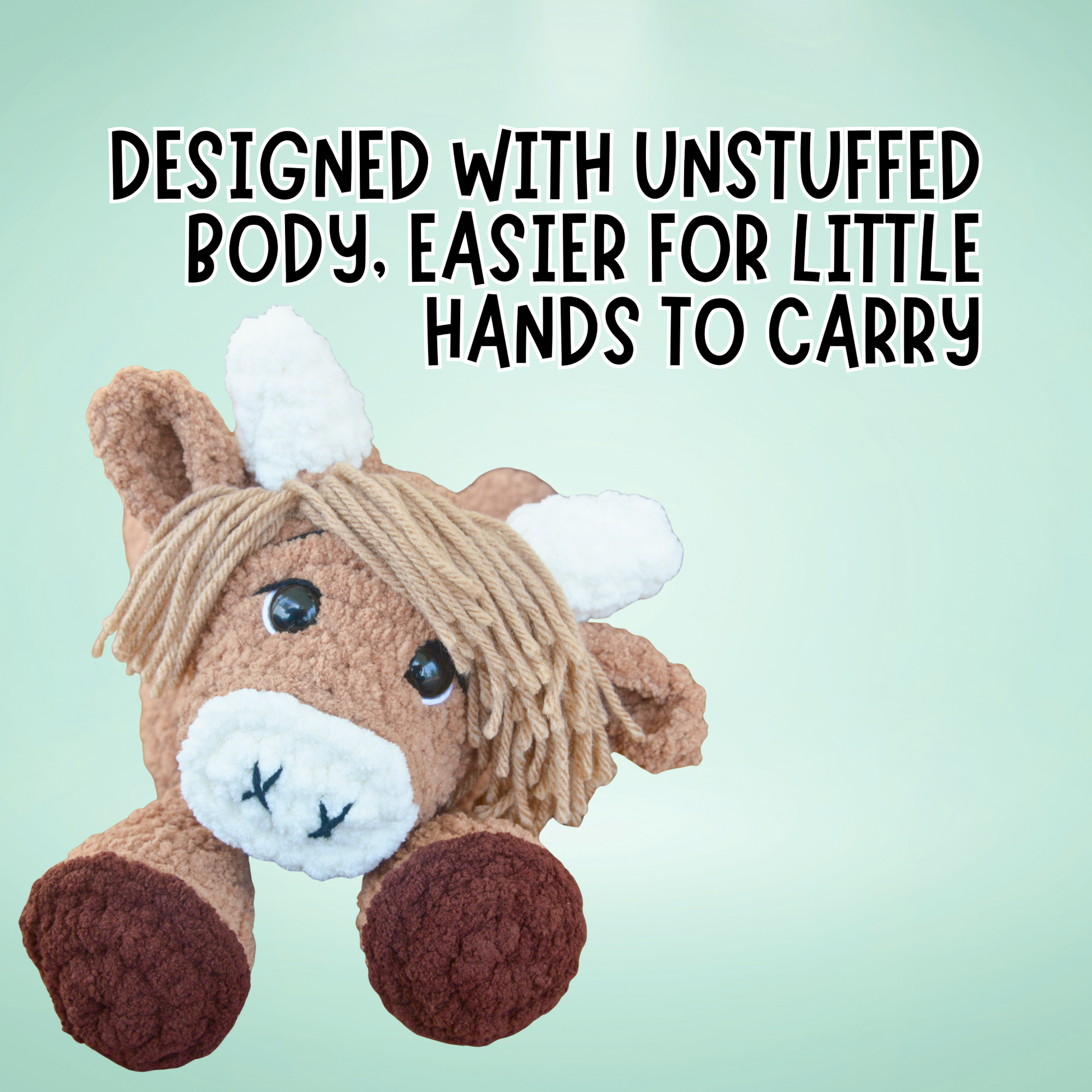 Plush horse toy with text on a light green background