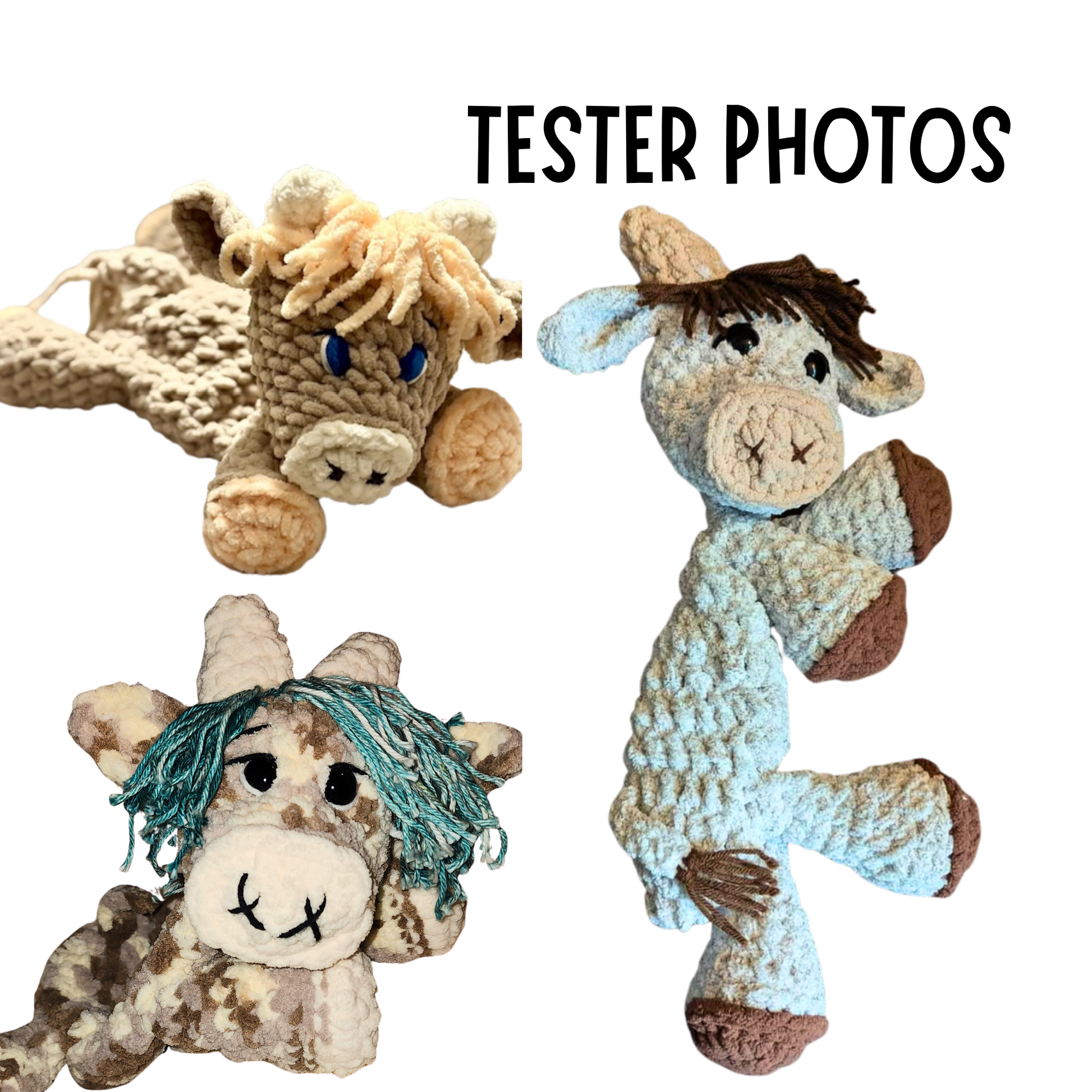 Three crochet cow toys with different color schemes on a white background, labeled 'TESTER PHOTOS'.
