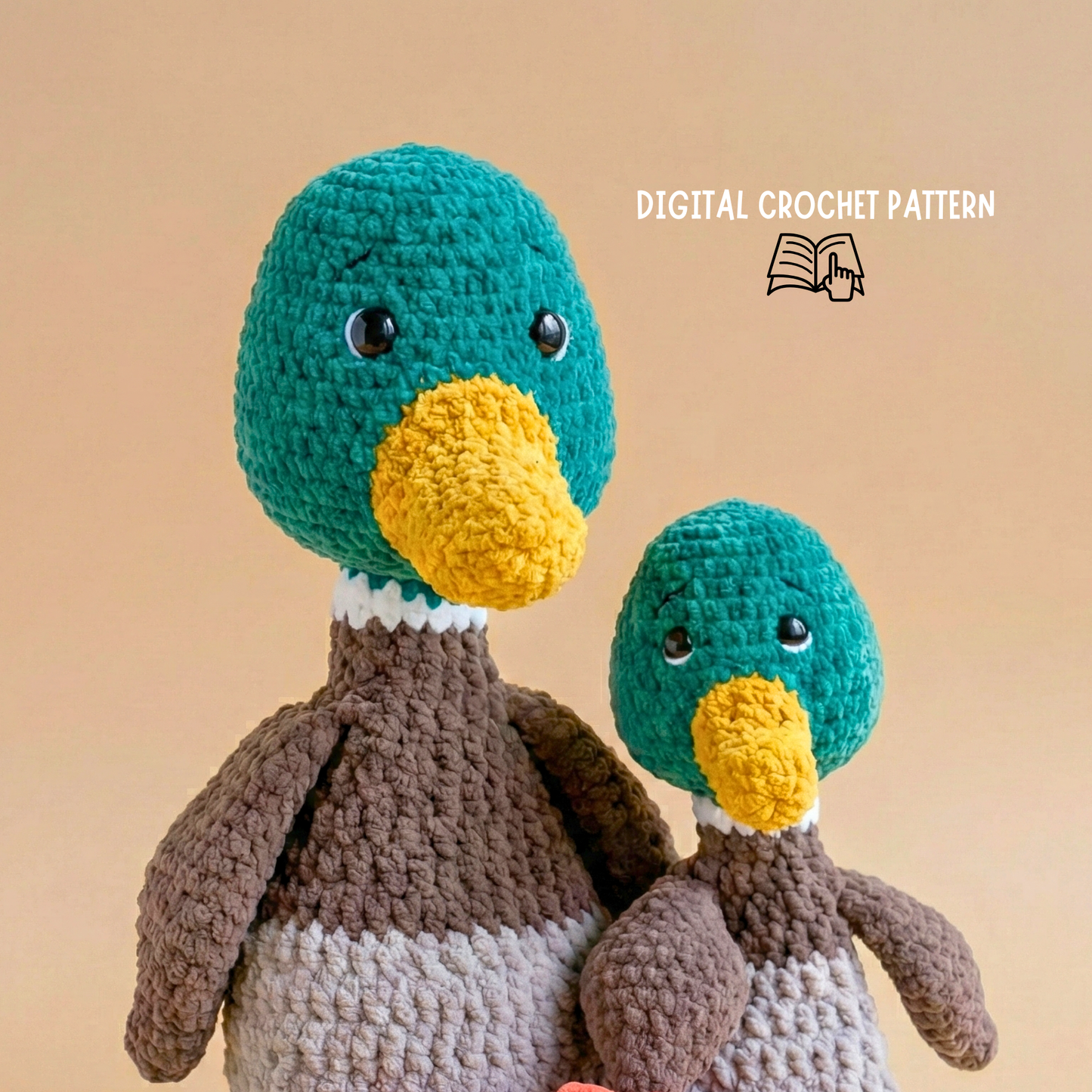 Crochet mallard duck plushies pattern, featuring two handmade stuffed ducks, amigurumi kit