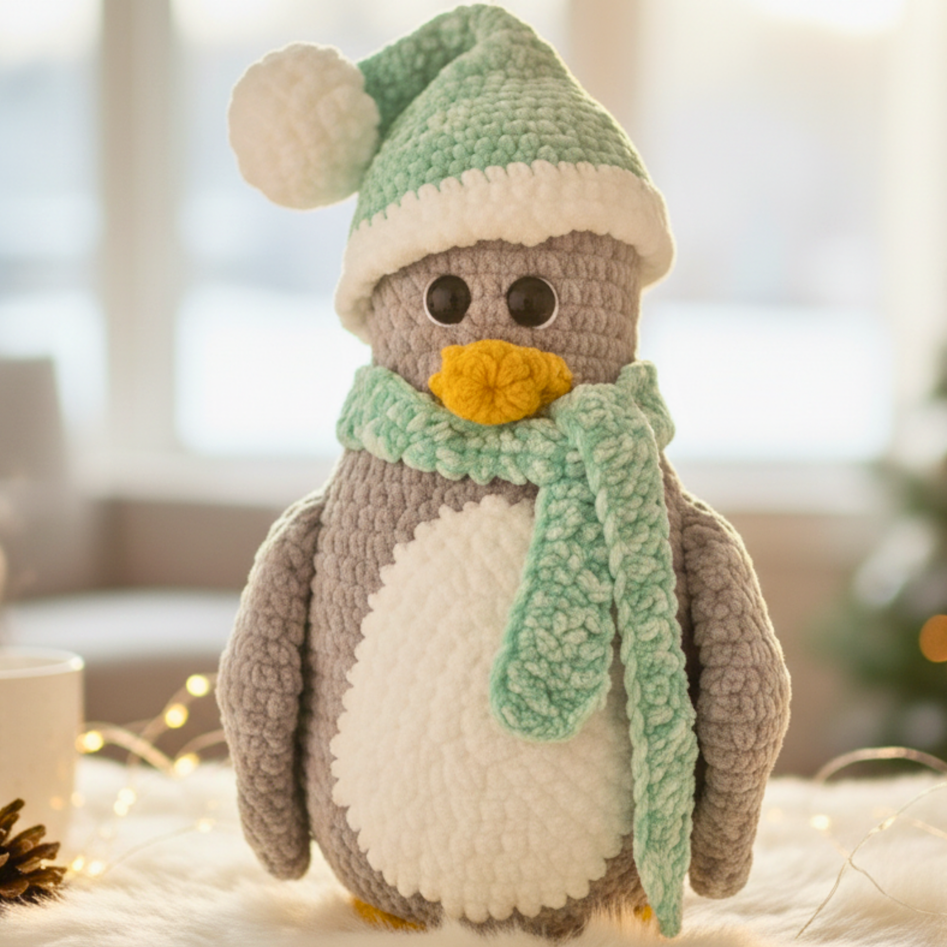 Crocheted penguin toy wearing a green hat and scarf in a cozy indoor setting.