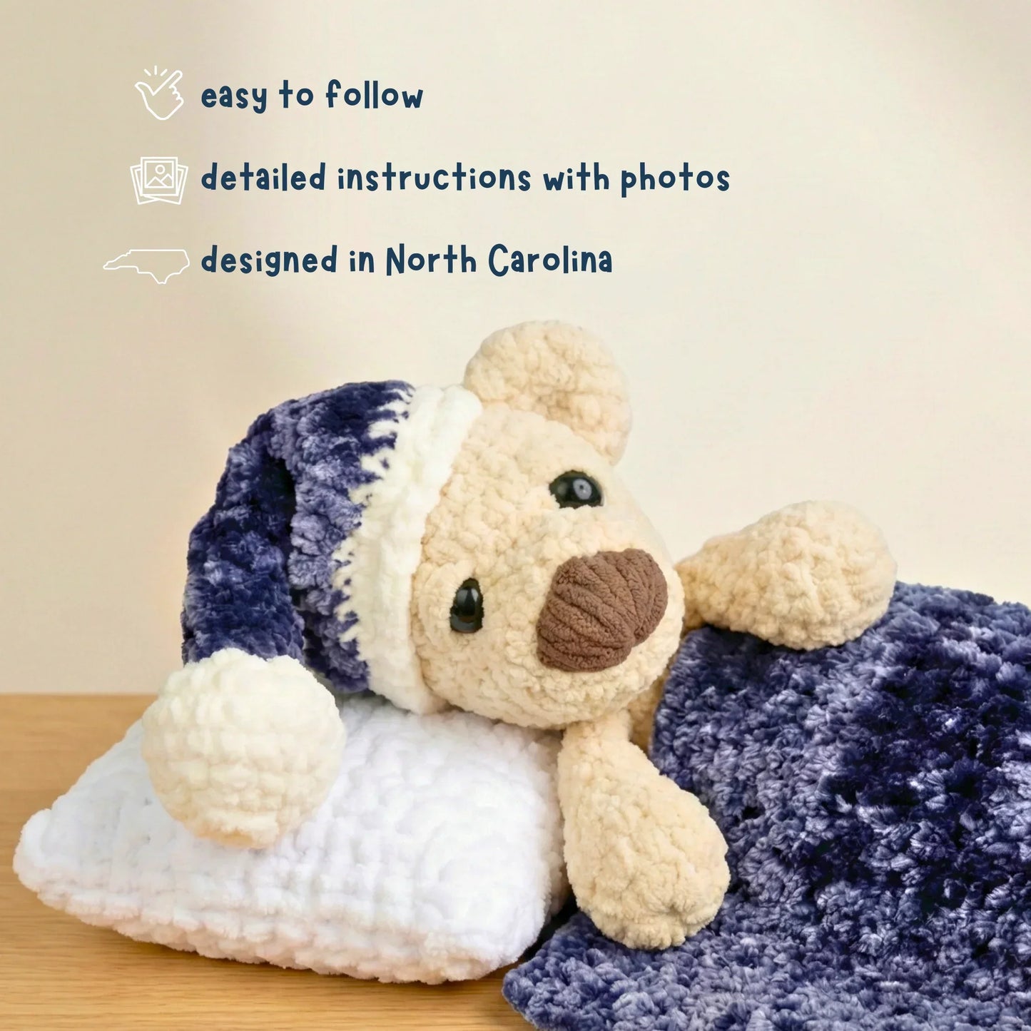 Crochet sleeping bear plushie with nightcap, pillow, and blanket, amigurumi pattern details shown.