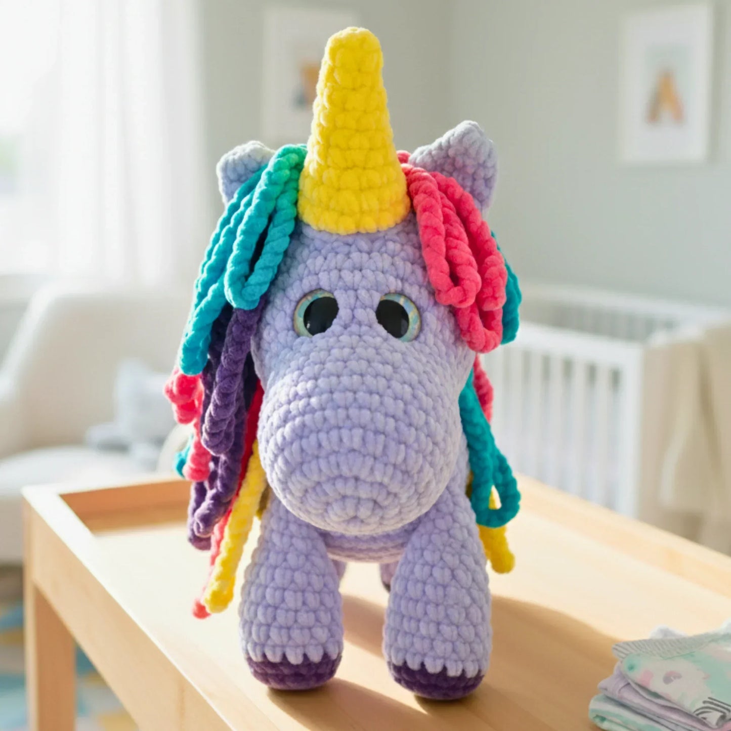 Purple crochet unicorn plush with rainbow yarn mane and yellow horn on a nursery table