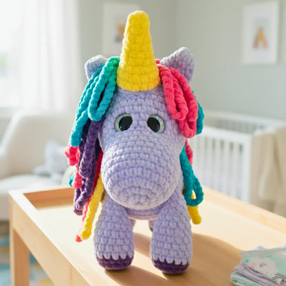 Purple crochet unicorn plush with rainbow yarn mane and yellow horn on a nursery table
