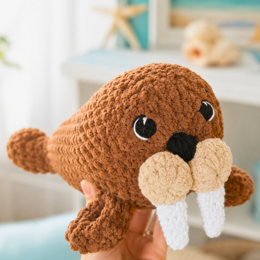 Crocheted walrus toy held by a person with a blurred indoor background