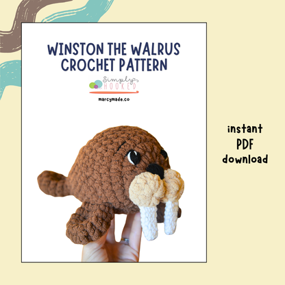 Promotional graphic for a crochet pattern titled 'Winston the Walrus Crochet Pattern' with the brand name 'Simply Hooked' visible. The center panel shows a crocheted walrus plush held in a hand, with text reading 'instant PDF download' on a pale yellow background.