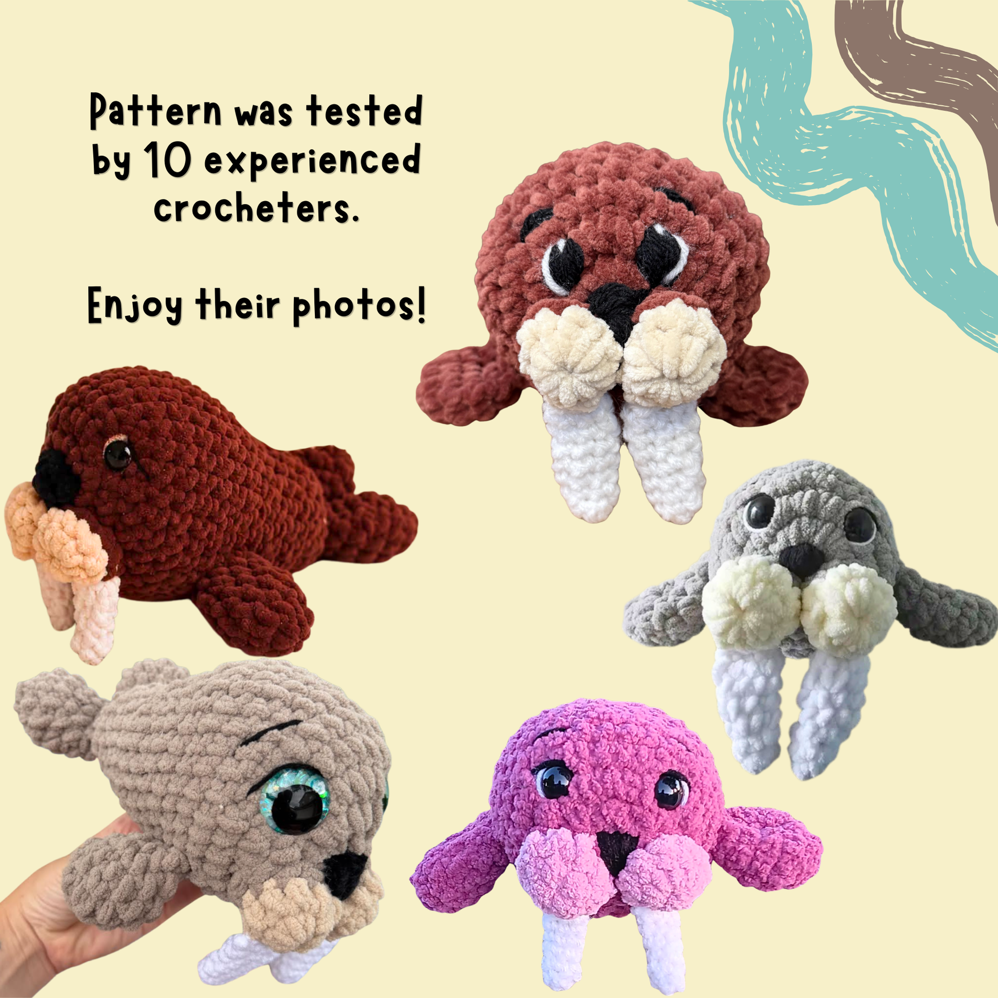 A collage showing five crocheted plush sea-creature toys, including walrus, seal, and octopus shapes, on a pale yellow background with text reading 'Pattern was tested by 10 experienced crocheters. Enjoy their photos!' and a hand holding one plush.