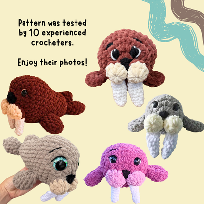 A collage showing five crocheted plush sea-creature toys, including walrus, seal, and octopus shapes, on a pale yellow background with text reading 'Pattern was tested by 10 experienced crocheters. Enjoy their photos!' and a hand holding one plush.