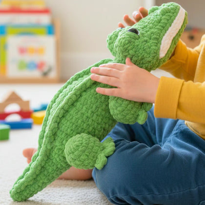 Child playing with a green crochet alligator plushie, soft amigurumi stuffed animal toy