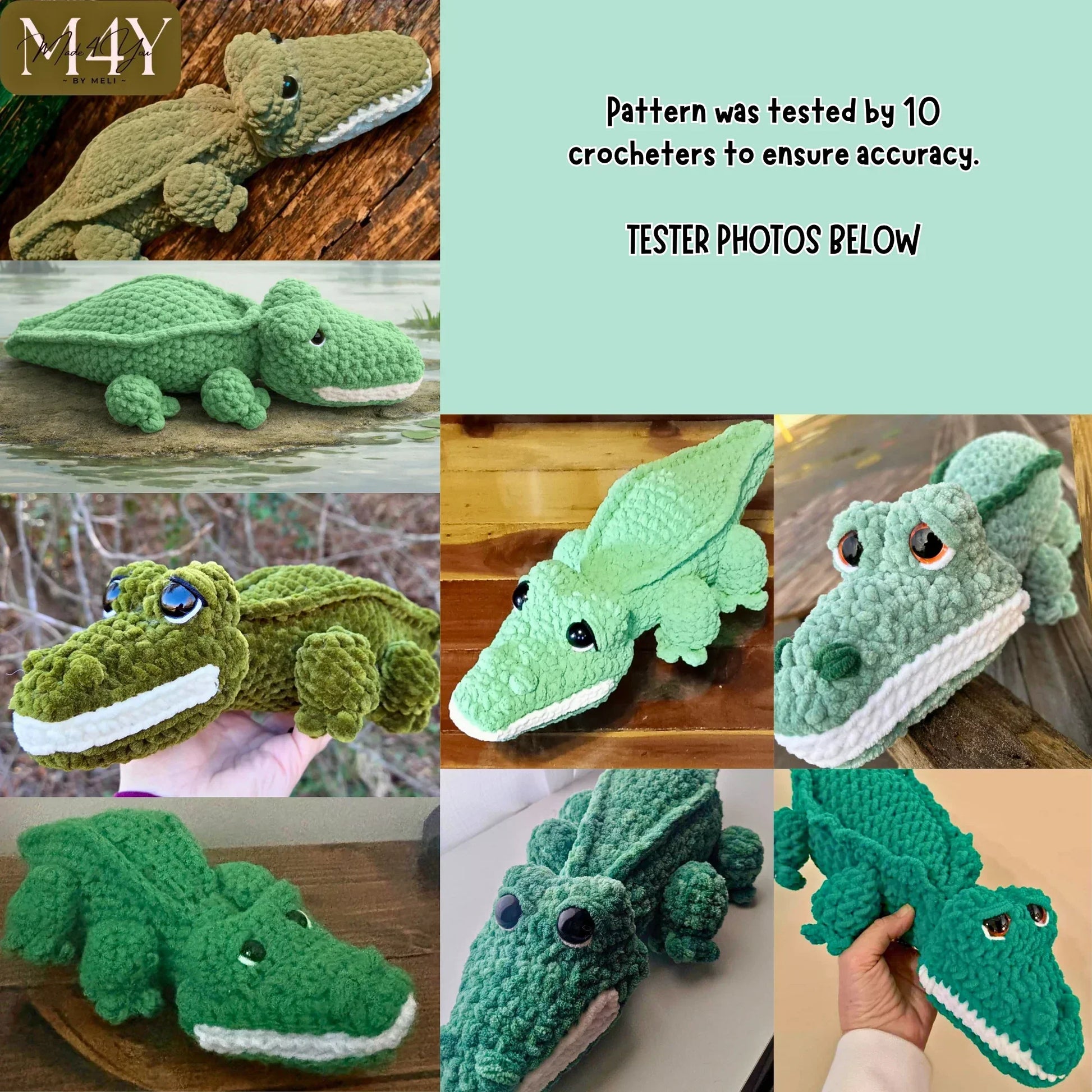 Collage of crocheted alligator plushies in various green yarns, amigurumi crochet pattern display.