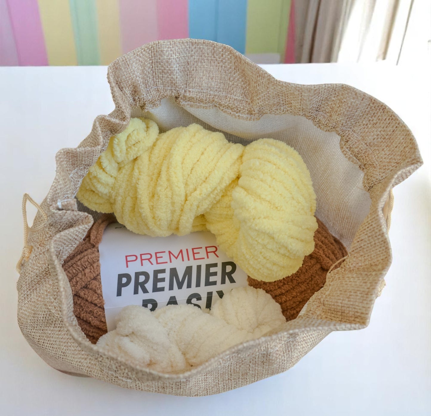 burlap bag with yarn