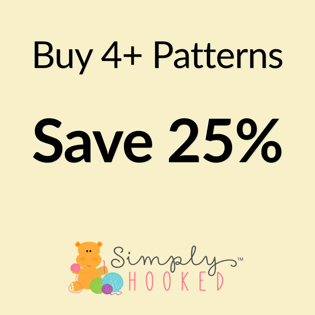 Promotional graphic on a pale cream background with large black text reading 'Buy 4+ Patterns Save 25%' and the Simply Hooked logo at the bottom featuring a small orange teddy bear and colorful yarn balls.