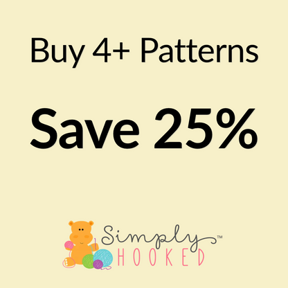 Promotional graphic on a pale cream background with large black text reading 'Buy 4+ Patterns Save 25%' and the Simply Hooked logo at the bottom featuring a small orange teddy bear and colorful yarn balls.