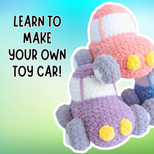 Plush crochet toy cars with beginner amigurumi pattern text on pastel background.