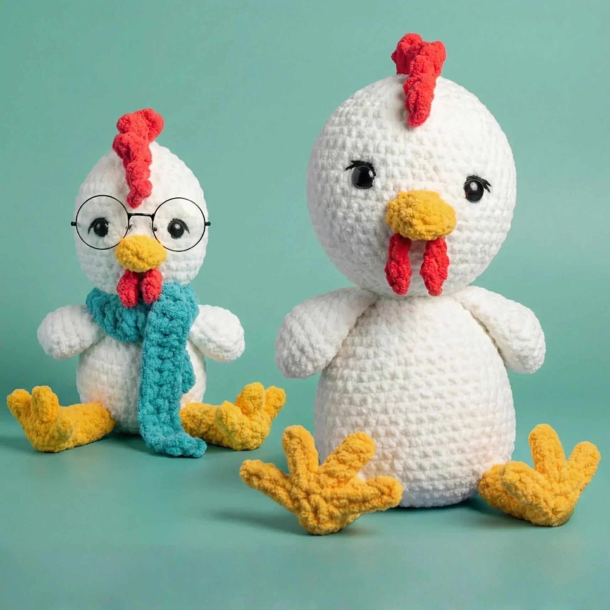 Two crochet chicken plushies with yellow feet, one wearing glasses and a blue scarf, on teal background