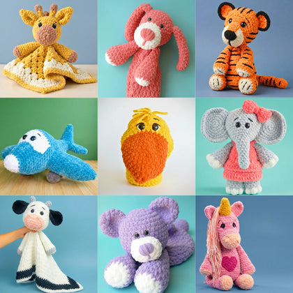 Colorful crochet stuffed animals and plushies including a giraffe, dog, tiger, airplane, bird, elephant, cow, bear, and unicorn, arranged in a grid on pastel backgrounds.