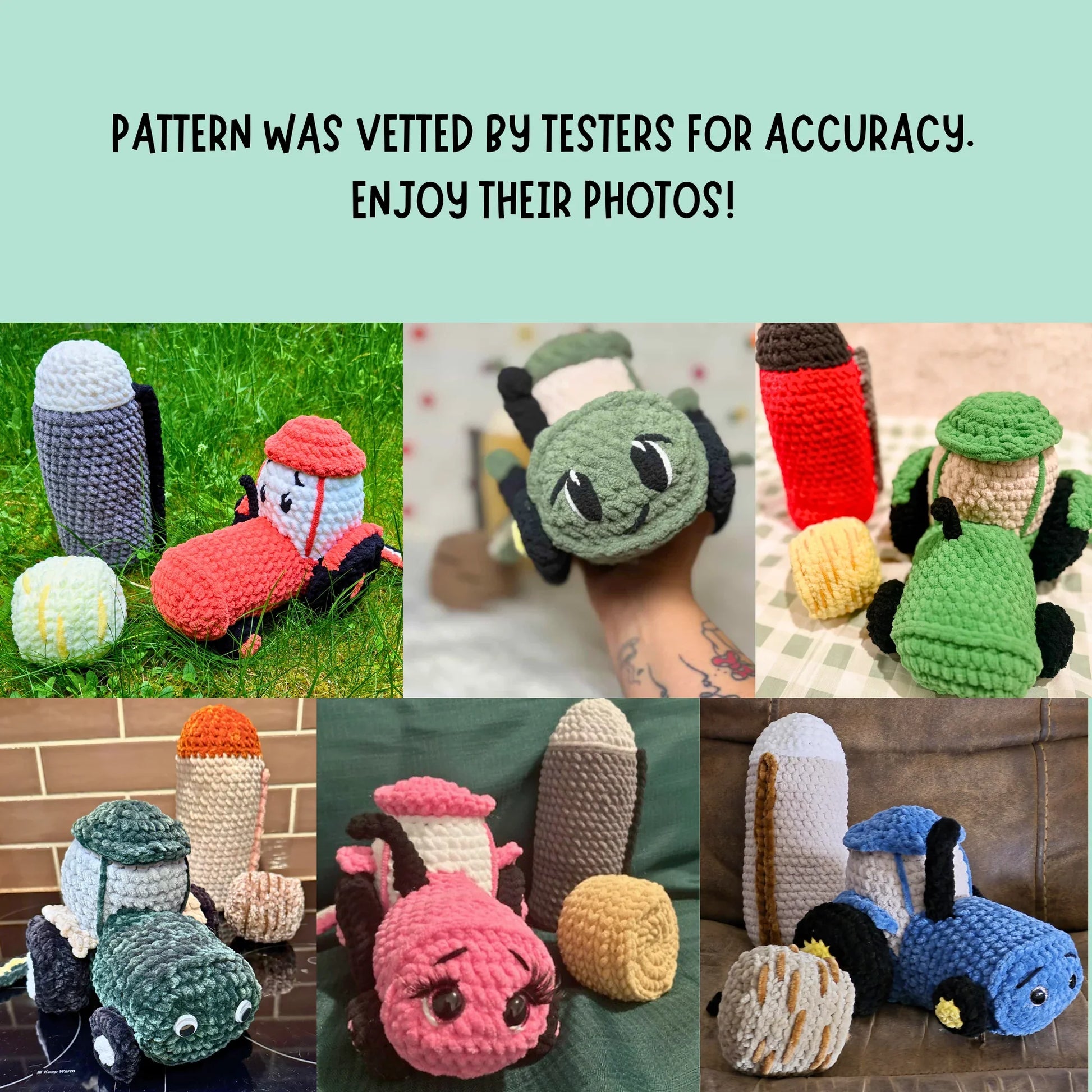 Crochet amigurumi tractors and farm toys in colorful designs, perfect for beginners and crafters.