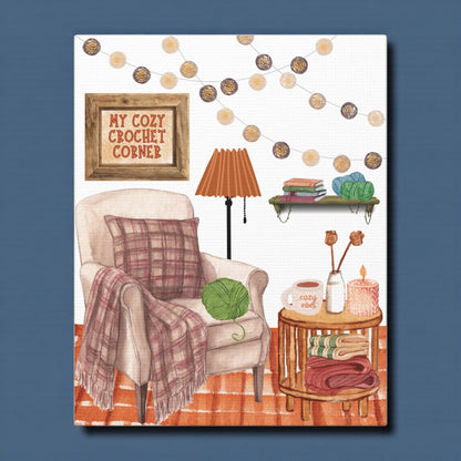 Illustration of a cozy crochet corner with a chair, lamp, and shelves.