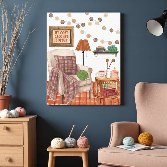 Cozy crochet corner scene with armchair, table, and yarn on a blue wall