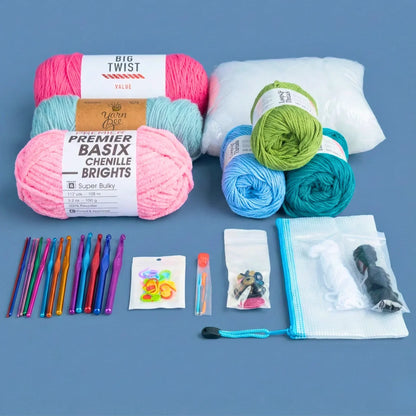 Beginner crochet kit with colorful yarn skeins, hooks, safety eyes, stuffing, and accessories