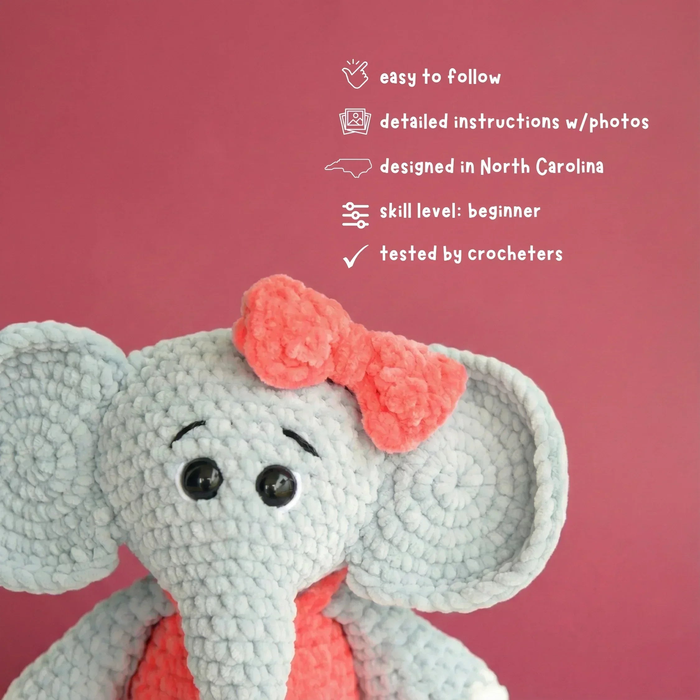 Crochet elephant plushie with pink bow and beginner amigurumi pattern details on pink background
