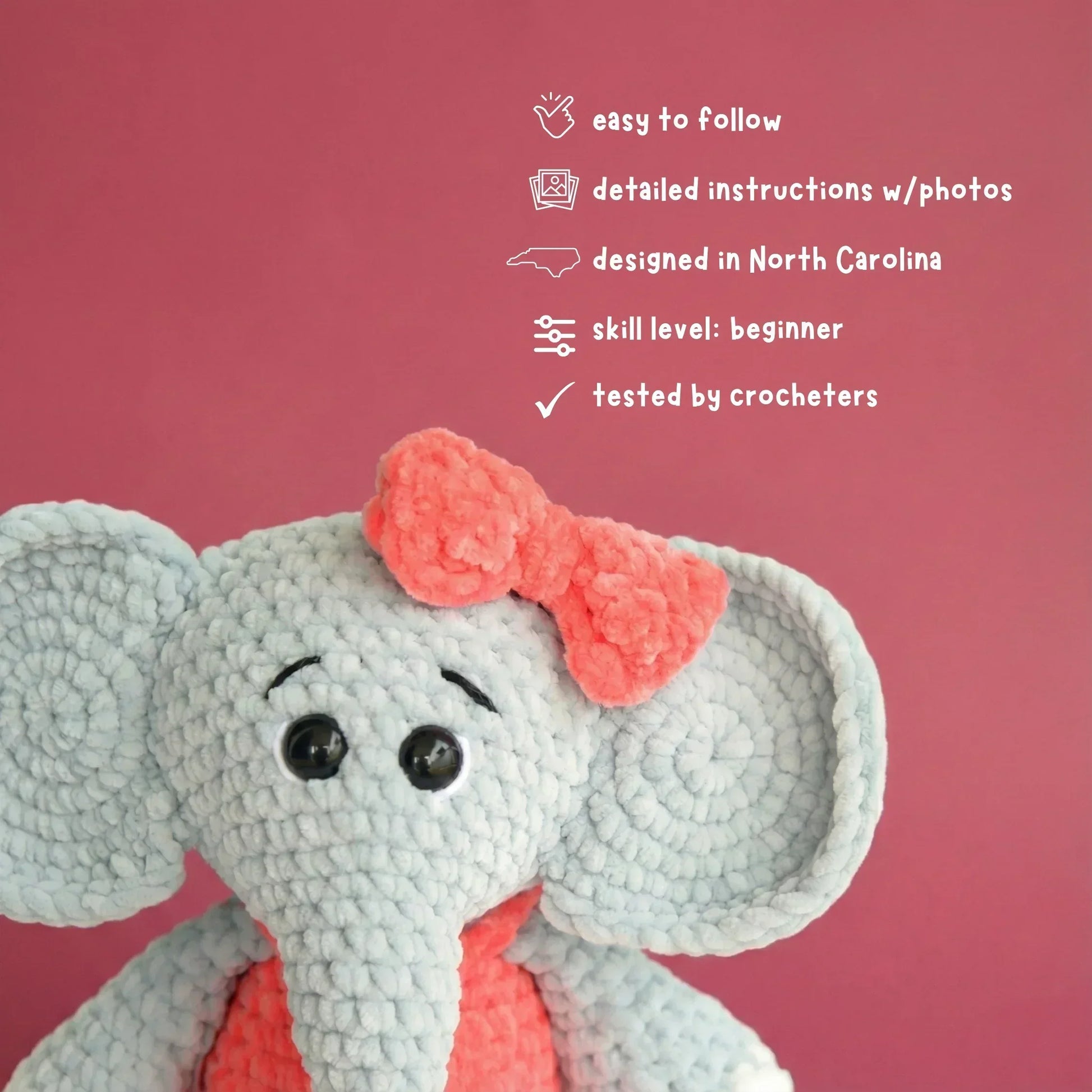 Crochet elephant plushie with pink bow and beginner amigurumi pattern details on pink background