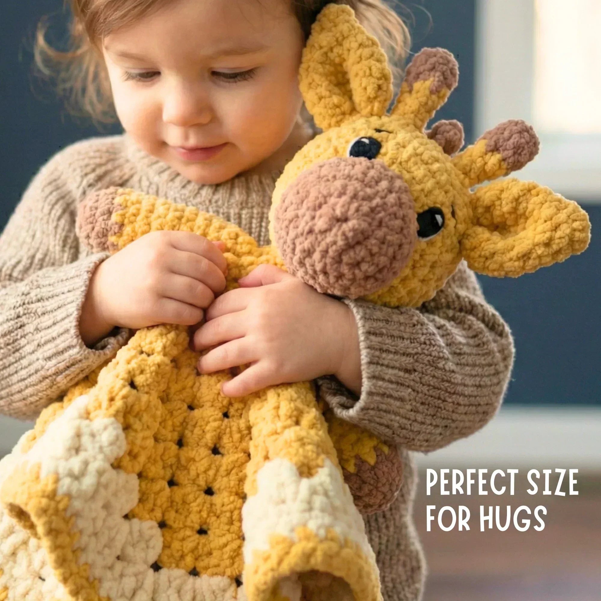 Child hugging crochet giraffe amigurumi plushie with soft yellow and brown yarn blanket