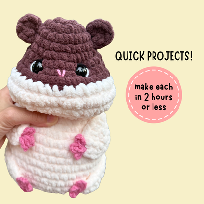 A crocheted hamster toy being held by a hand against a pale yellow background, with text reading 'QUICK PROJECTS!' and a pink circle that says 'make each in 2 hours or less'.