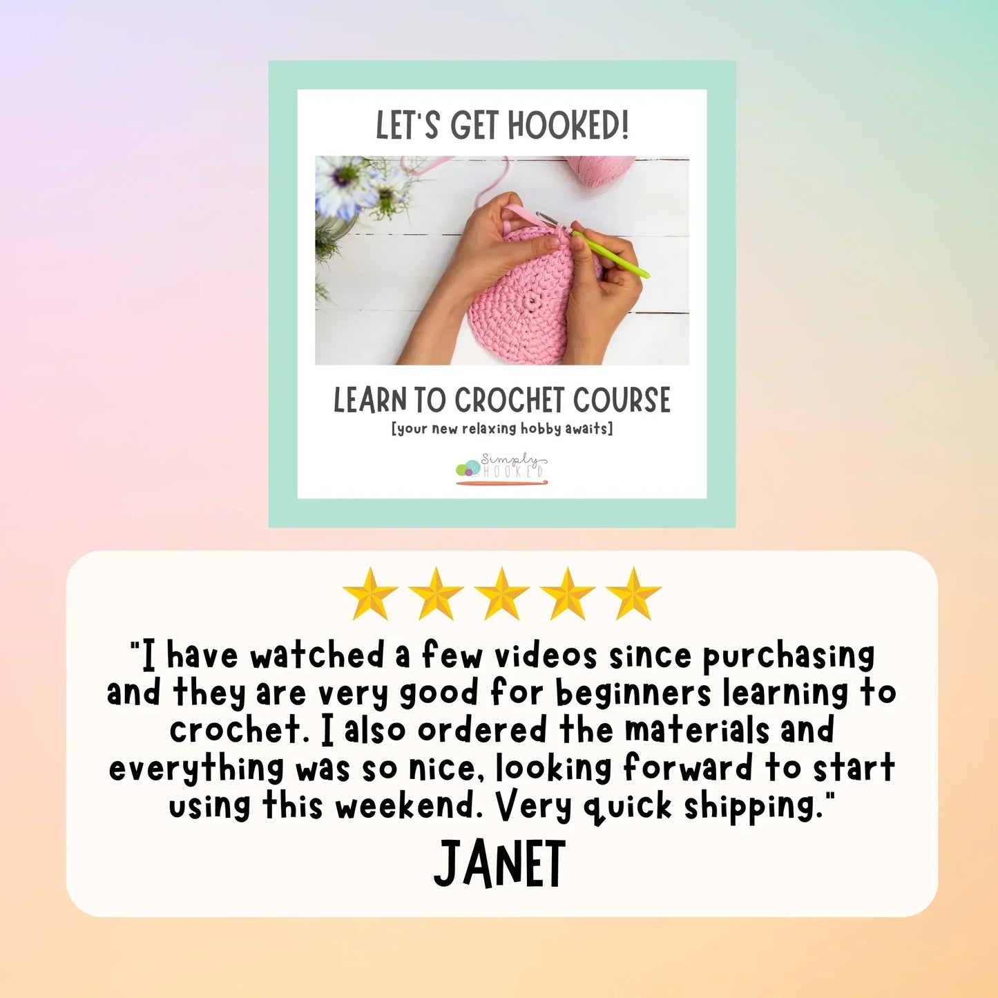 Learn to crochet course ad with hands holding pink yarn and a five-star customer review.