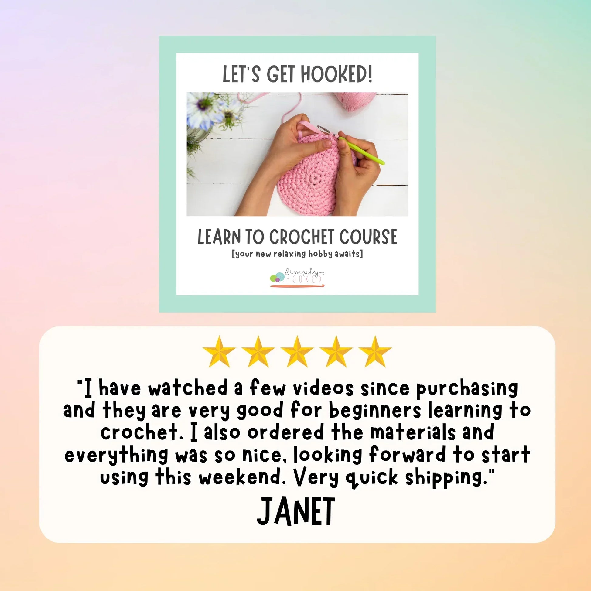 Learn to crochet course ad with hands holding pink yarn and a five-star customer review.