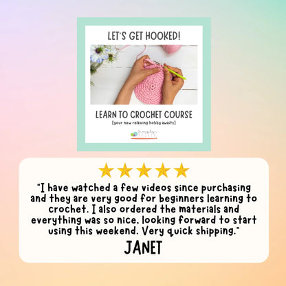 Learn to crochet course ad with hands holding pink yarn and a five-star customer review.