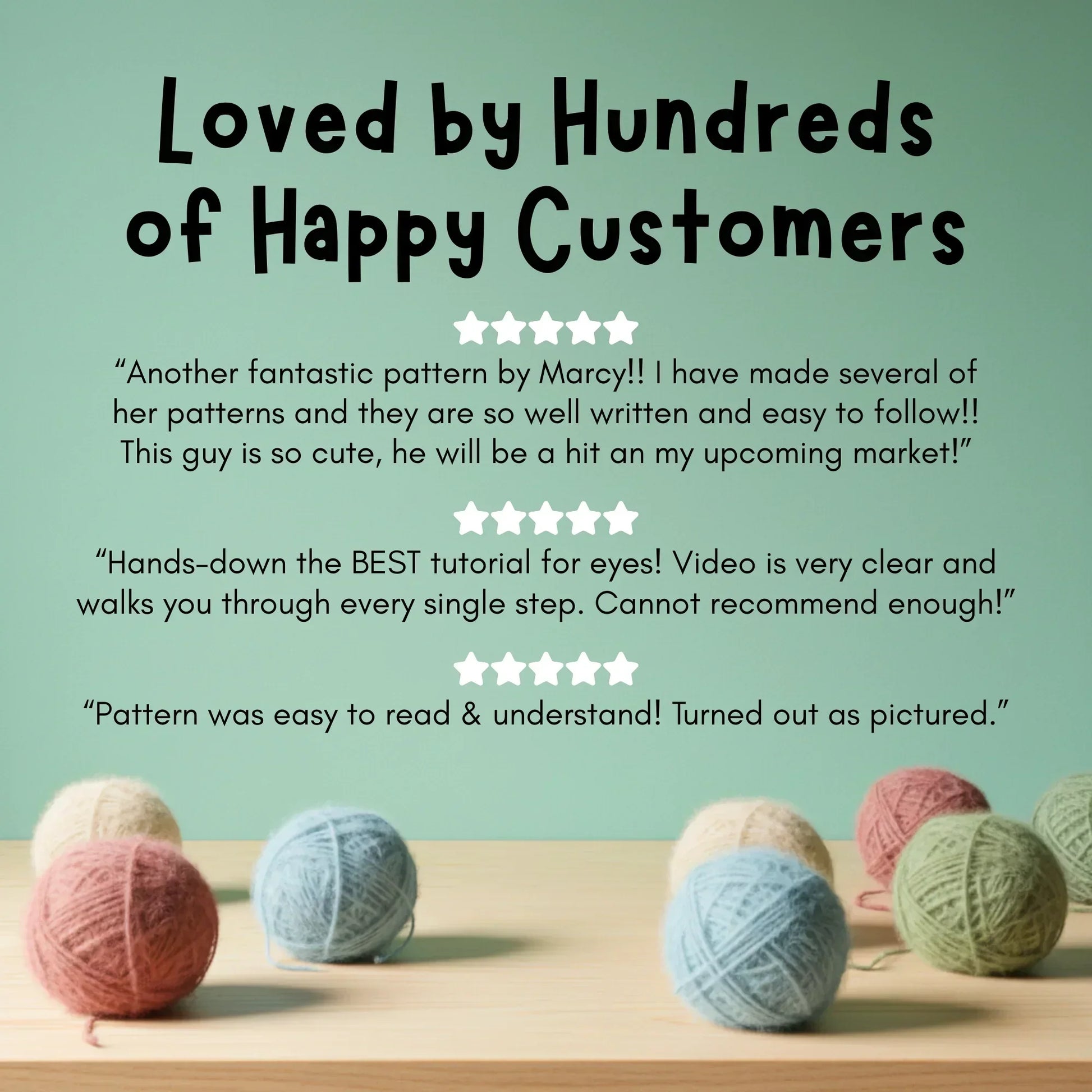 Crochet pattern customer reviews with yarn balls on table and five-star ratings in background.