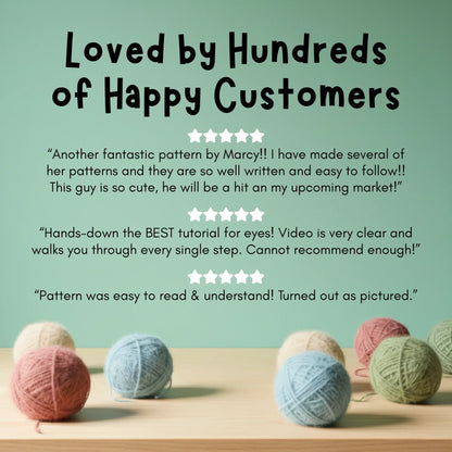 Crochet pattern customer reviews with yarn balls on table and five-star ratings in background.