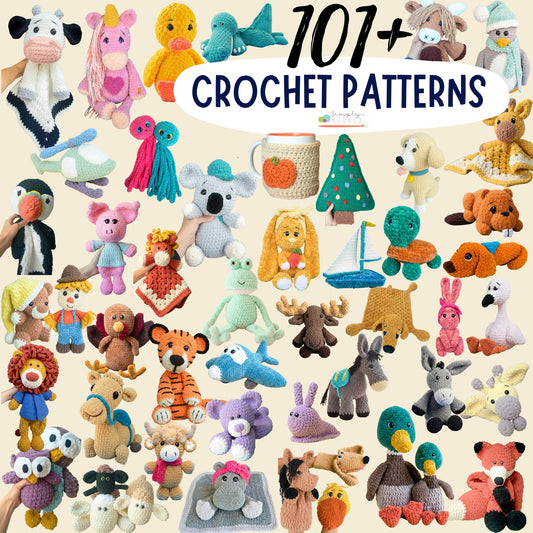 Collection of various crocheted animals and objects with '101+ Crochet Patterns' text on a beige background.