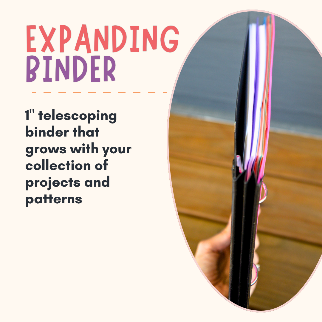 Promotional graphic for an expanding binder, showing a hand holding a black telescoping binder with colorful thread loops on the right, next to text on the left that reads 'EXPANDING BINDER' and '1" telescoping binder that grows with your collection of projects and patterns'.