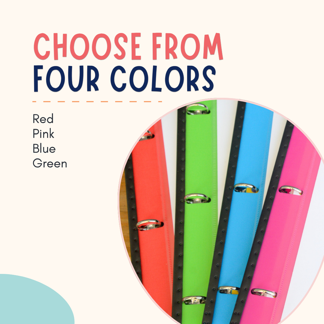 Promotional graphic showing four colorful binder rings in red, pink, blue, and green, with text reading 'CHOOSE FROM FOUR COLORS' and listing the colors individually on a light cream background.