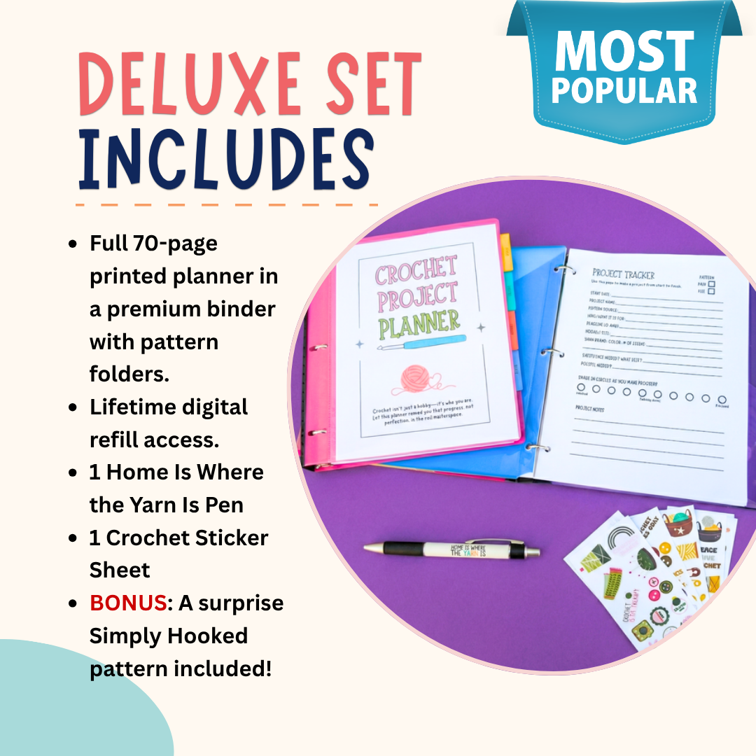 Promotional graphic for a crochet project planner deluxe set, showing a pink binder with a printed planner, pattern folders, a project tracker sheet, a pen, and sticker sheets on a purple circular background with text listing included items.