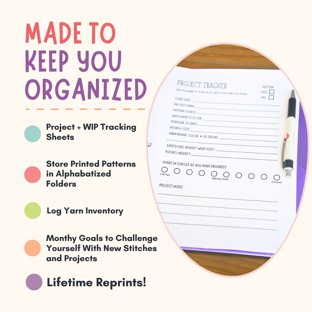 Promotional graphic for a project and WIP tracking sheet set, featuring a circular inset photo of a printed 'Project Tracker' sheet on a wooden surface with a pen. Large text reads 'MADE TO KEEP YOU ORGANIZED' with bullet points about tracking sheets, alphabetized folders, yarn inventory, monthly goals, and lifetime reprints.