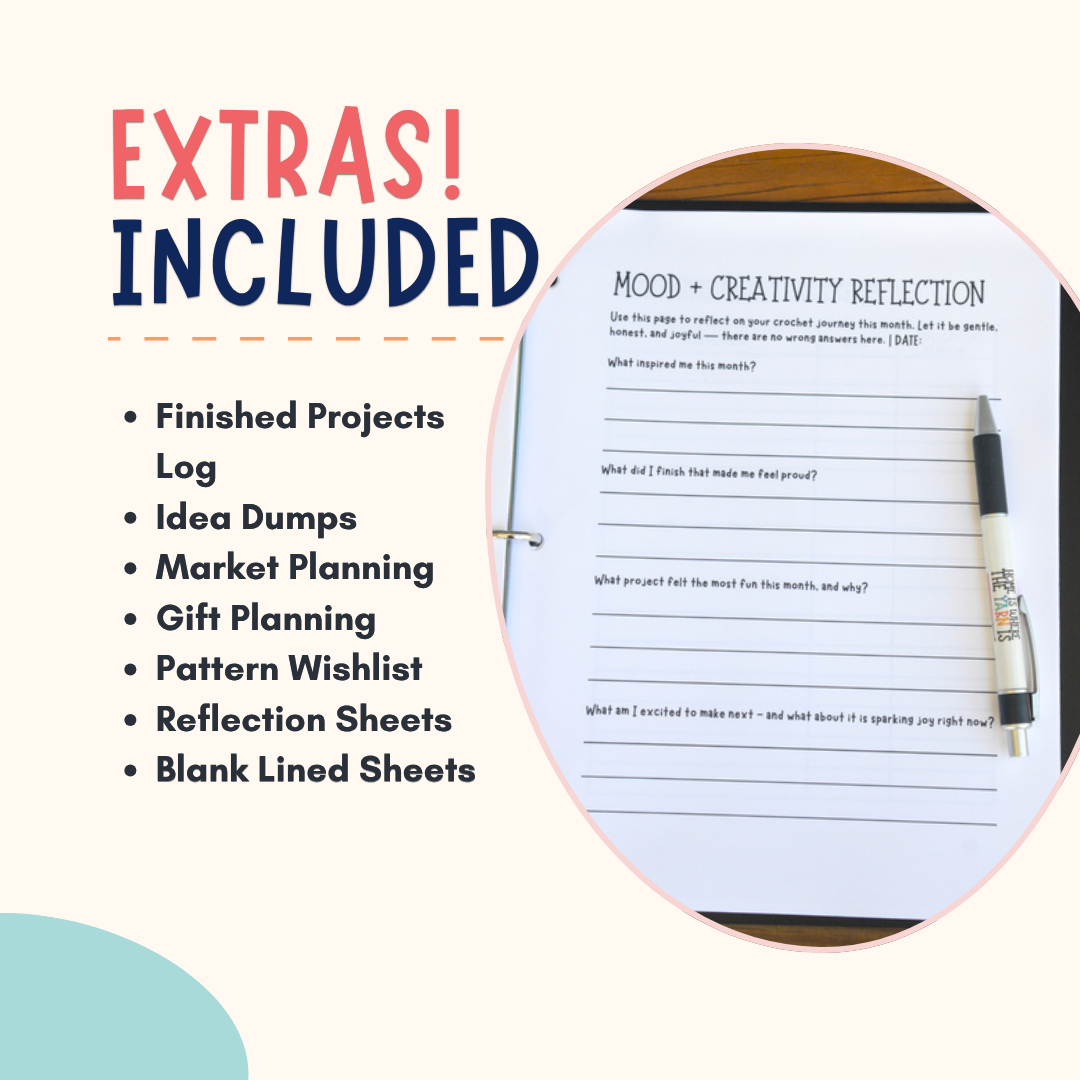 Promotional graphic for included extras, with large text reading 'EXTRAS! INCLUDED' and a list of included items such as a finished projects log, idea dumps, market planning, gift planning, pattern wishlist, reflection sheets, and blank lined sheets. A circular inset shows a reflection worksheet on paper with a pen on a desk.