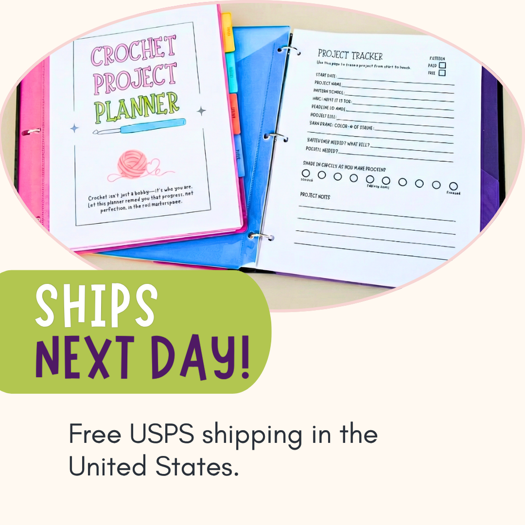 A crochet project planner binder shown open with printed pages inside, including a cover page labeled 'Crochet Project Planner' and a project tracker sheet. Large promotional text reads 'SHIPS NEXT DAY!' and 'Free USPS shipping in the United States.