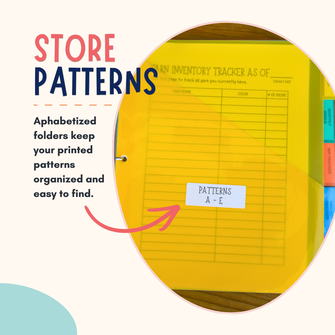 Yellow alphabetized pattern storage folders with printed grid tables, shown in a circular inset with text reading 'STORE PATTERNS' and a small label reading 'PATTERNS A - E'.