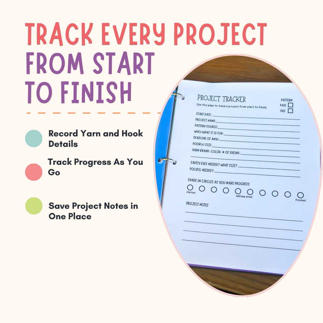 A product listing graphic for a project tracker notebook. The image shows a circular inset of a white ring-bound notebook with a blue cover, displaying a printed 'Project Tracker' page on a wooden surface.
