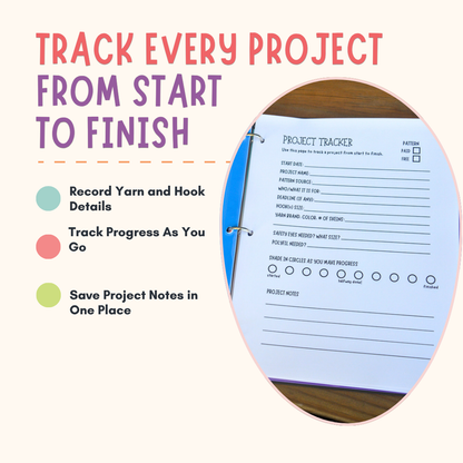 A product listing graphic for a project tracker notebook. The image shows a circular inset of a white ring-bound notebook with a blue cover, displaying a printed 'Project Tracker' page on a wooden surface.