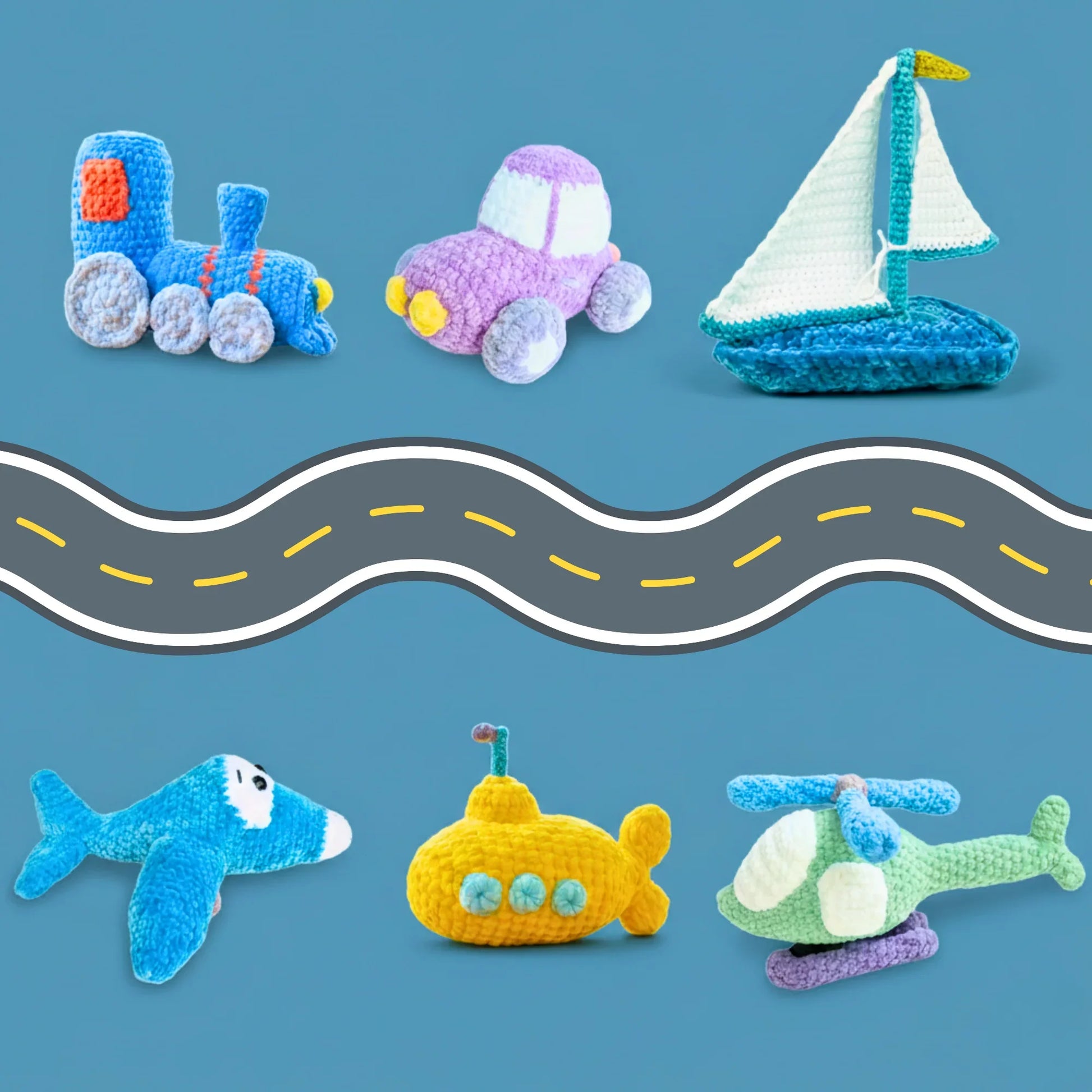 Crochet transportation amigurumi set with train, car, sailboat, airplane, submarine, and helicopter toys