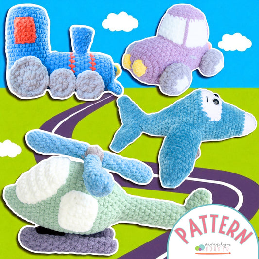 Crocheted toy train and airplanes on a colorful background with 'Simply Crochet' branding.