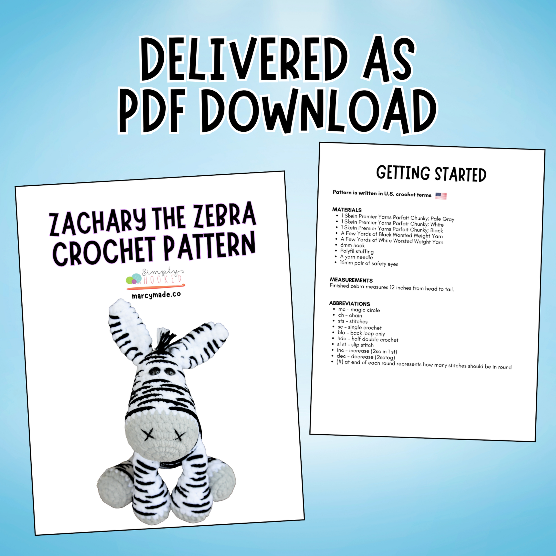 Zachary the Zebra crochet pattern with text on a blue background
