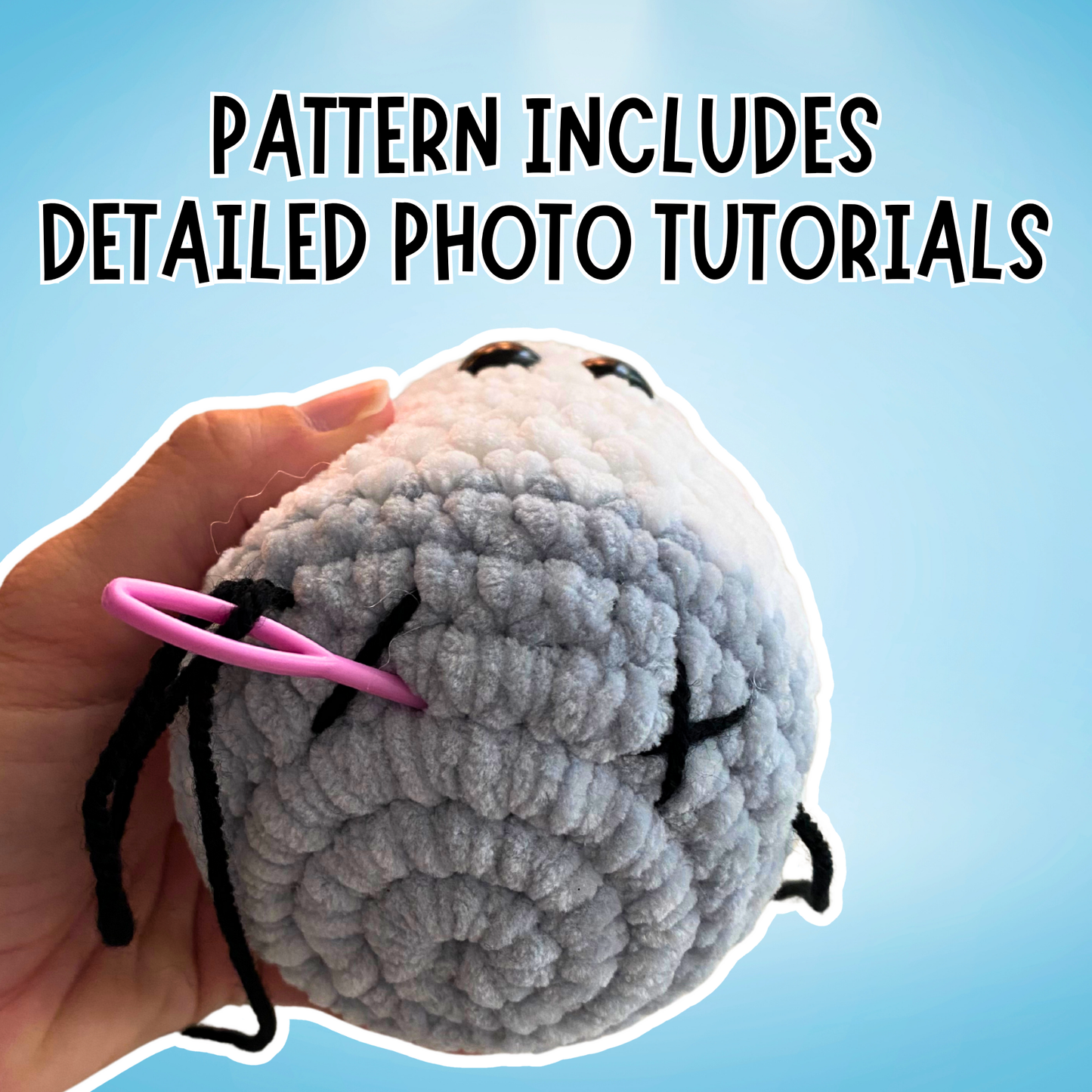 Hand holding a crocheted plush toy with text about pattern tutorials on a blue background