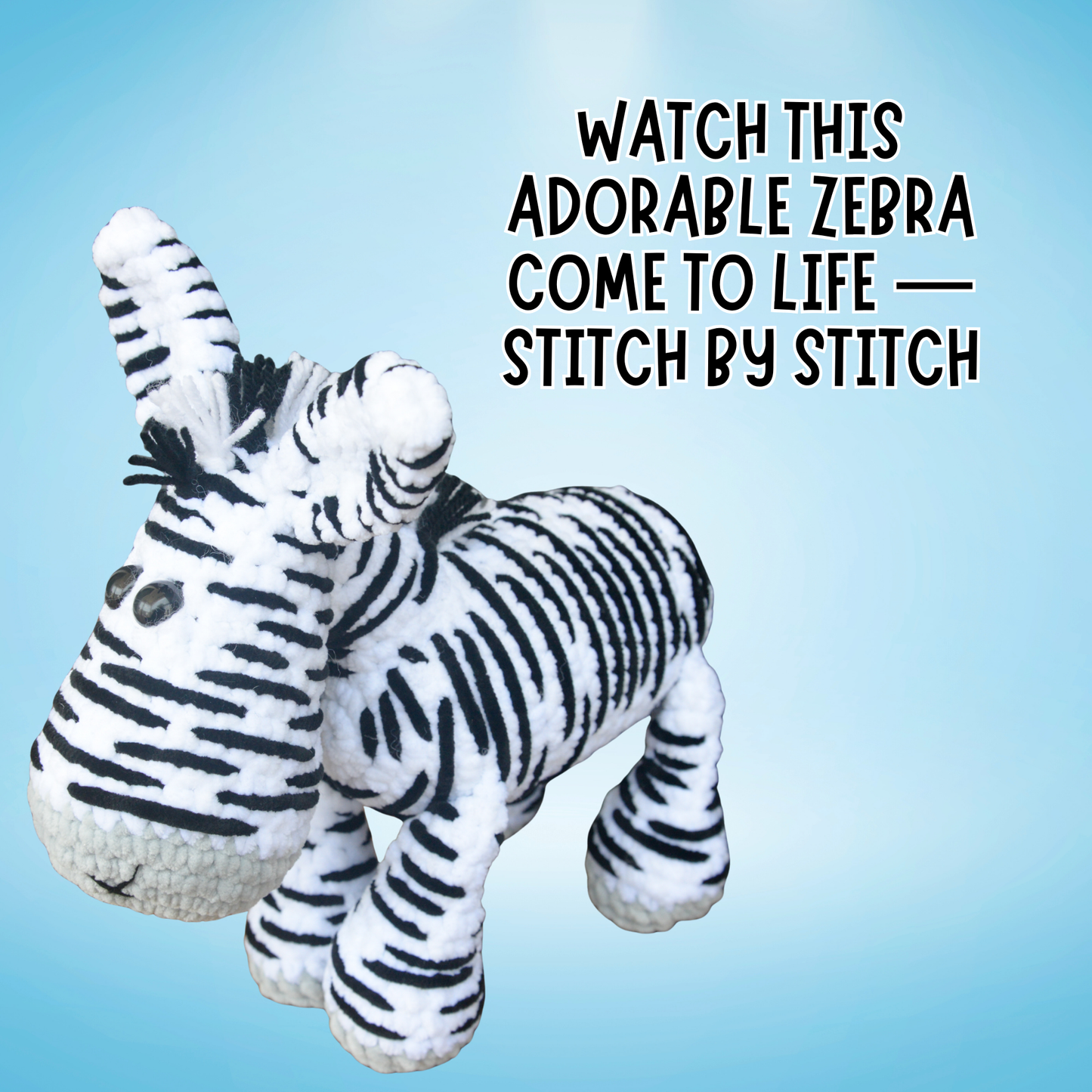 Plush zebra toy on a blue background with text about stitching process
