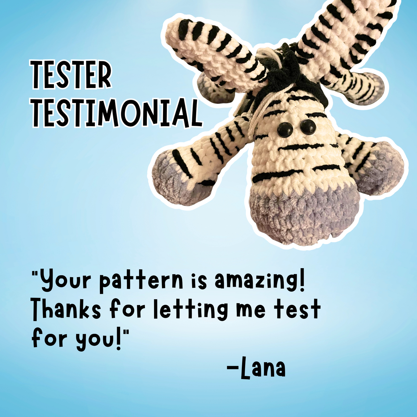 Zebra plush toy with text on a blue background