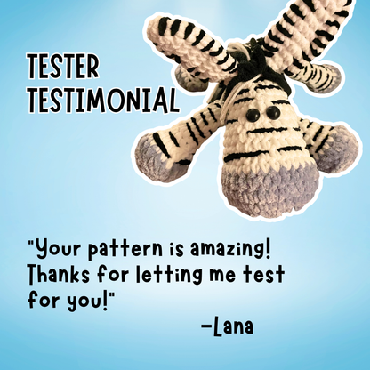 Zebra plush toy with text on a blue background