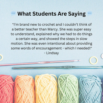 Testimonial for beginner crochet class over pastel yarn skeins and crochet hooks on blue background